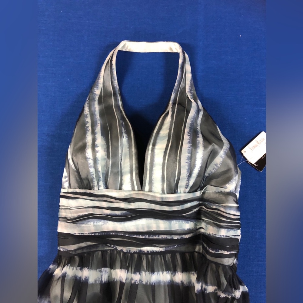 NWT: Carmen Marc Valvo Blue and Silk Halter Dress - size 2